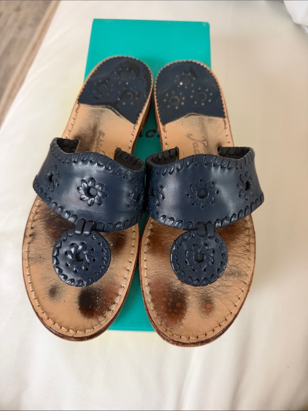 Women's Jack Roger’s Navy Leather Slide Sandals with Floral Cutwork